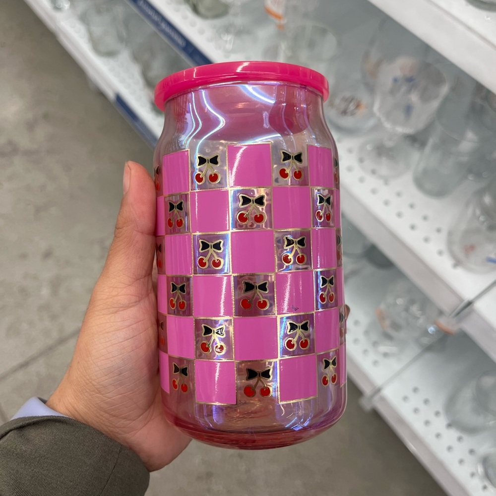 Pink Checkered Glass Jar with Cherry Design